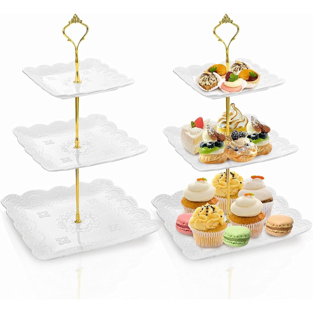 Cupcake Stand Tier - 2 Pack 3-Tier White Ceramic Embossed