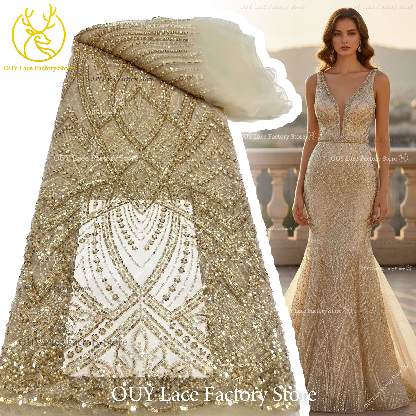 African Gold Beaded Lace Fabri - Glitter Tablecloth recensie en prijs